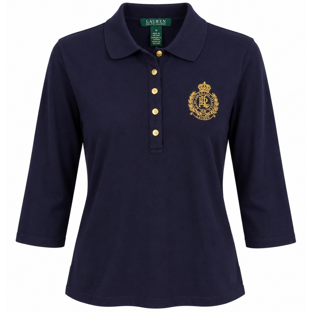 Lauren Ralph Lauren Womens 1X Navy Gold Crest 3/4 Sleeve Polo Shirt Cotton